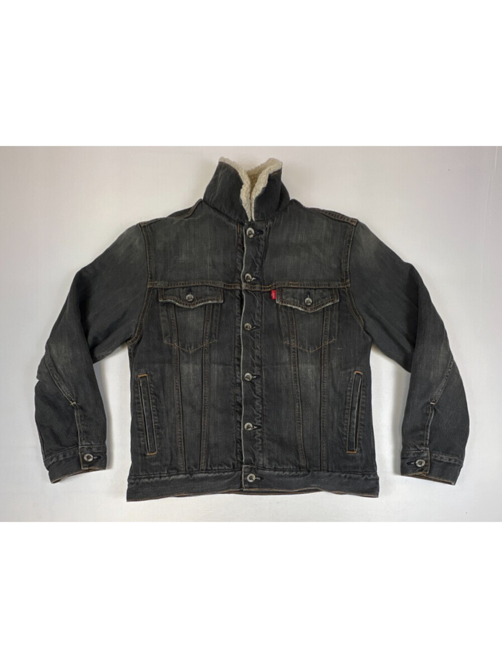 Levi's Men L Black Denim Sherpa Trucker Jacket Fleece Lined Full Snap Outerwear
